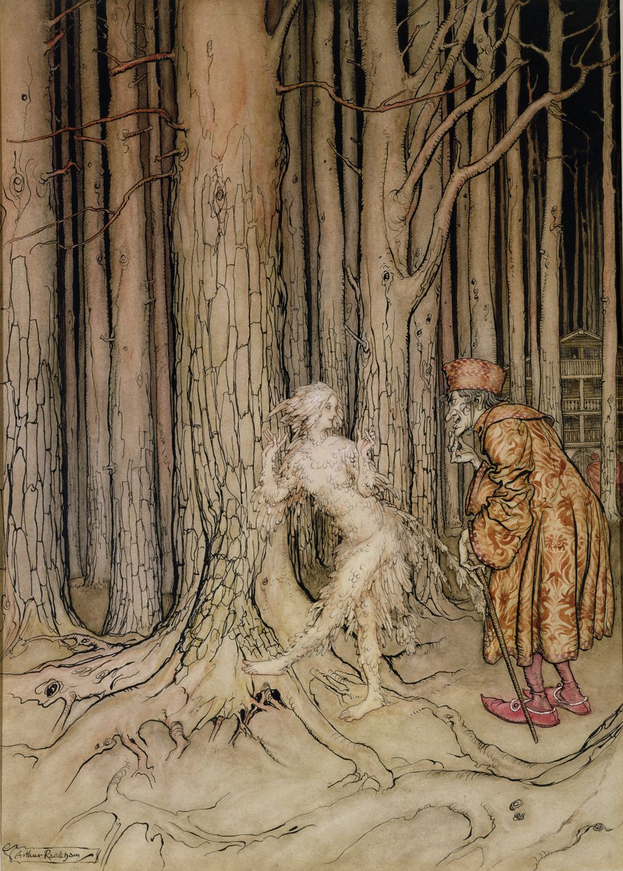 Lopulta hän tapasi hiljalleen palaavan sulhanen, kuvitus Fitchers Birdille, Pikkuveli, pikkusisar, Grimm-veljet, 1917 (wc ja kynä ja muste paperille) (katso myös 28797) tekijältä Arthur Rackham