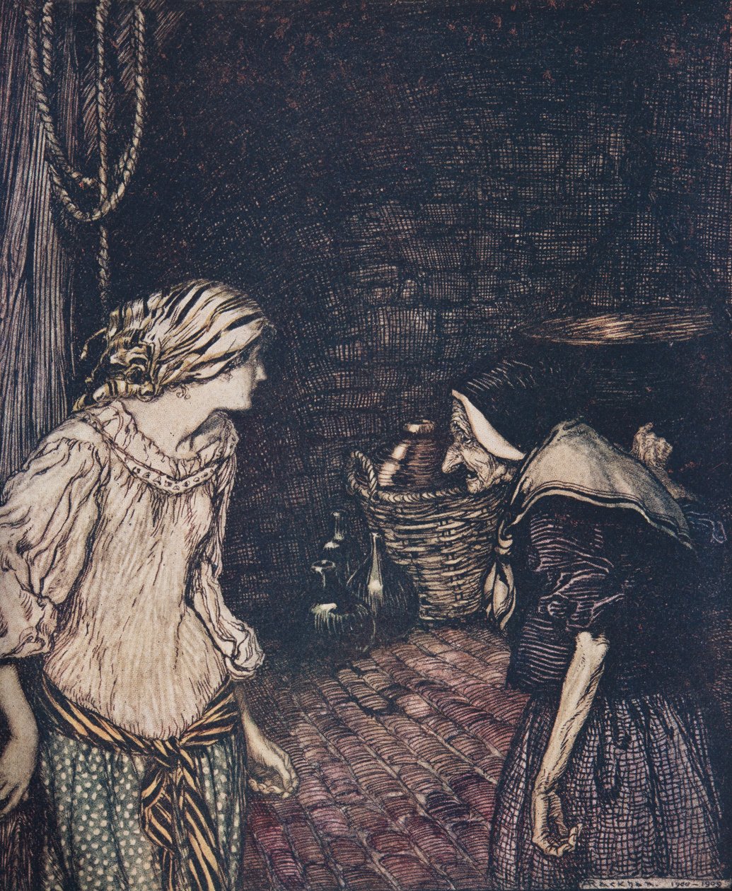 Lopulta hän saapui kellariin, ja sieltä hän löysi vanhan, vanhan naisen, jolla oli päätä pudistava..., Grimm-veljesten saduista, pubista. 1909 tekijältä Arthur Rackham