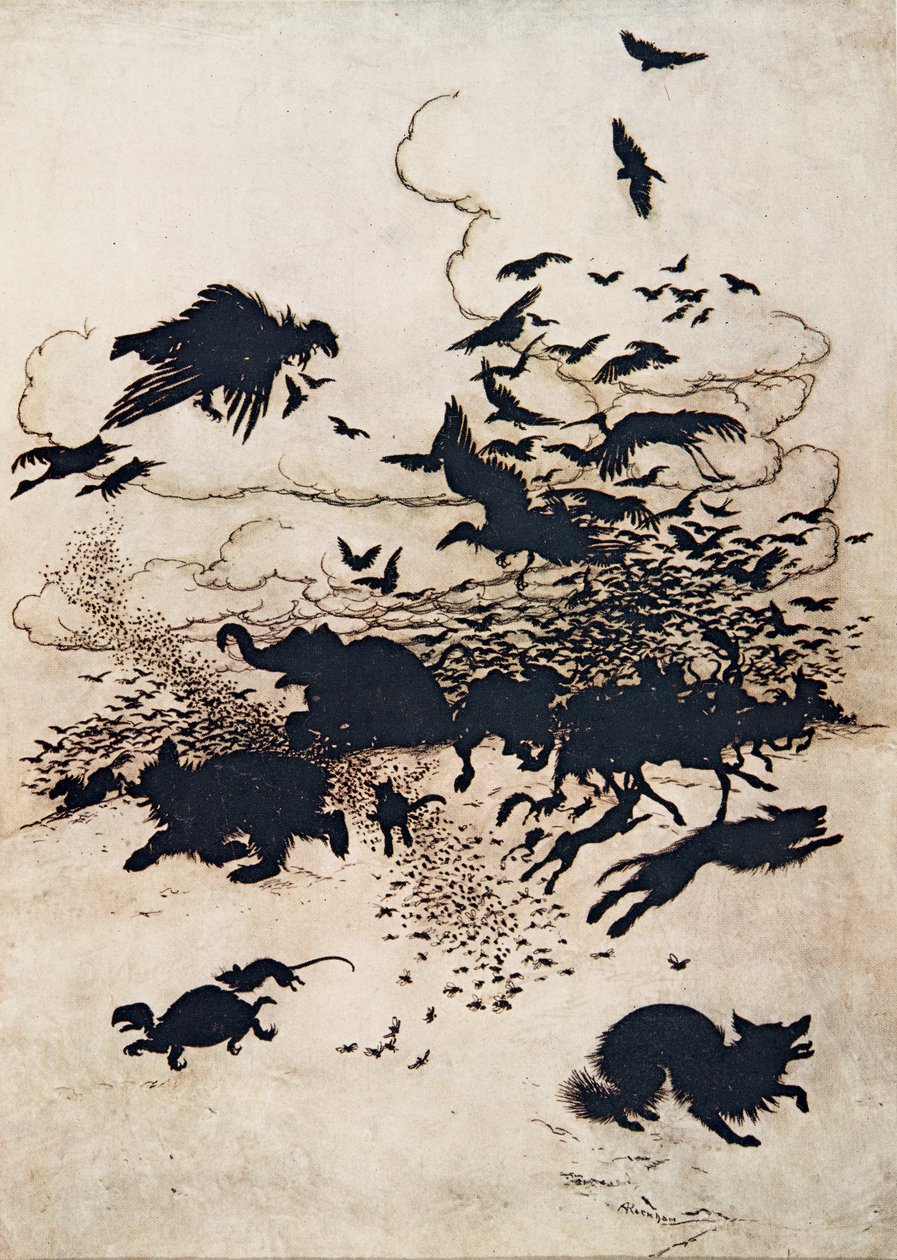 Kolmannesta pistosta kettu kiljui ja häntänsä meni jalkojensa väliin .. , teoksesta Grimmin veljesten sadut, kustantamo: The Fairy Tales of the Brothers Grimm. 1909 tekijältä Arthur Rackham