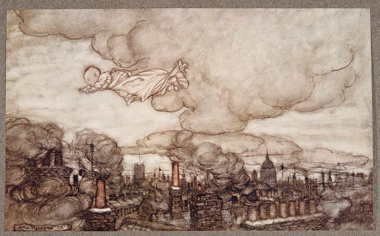 Poissa hän lensi suoraan talojen yli Gardensiin, Peter Panista Kensington Gardensissa, kirjoittanut J M Barrie (1860 - 1937), pubi. 1906 tekijältä Arthur Rackham
