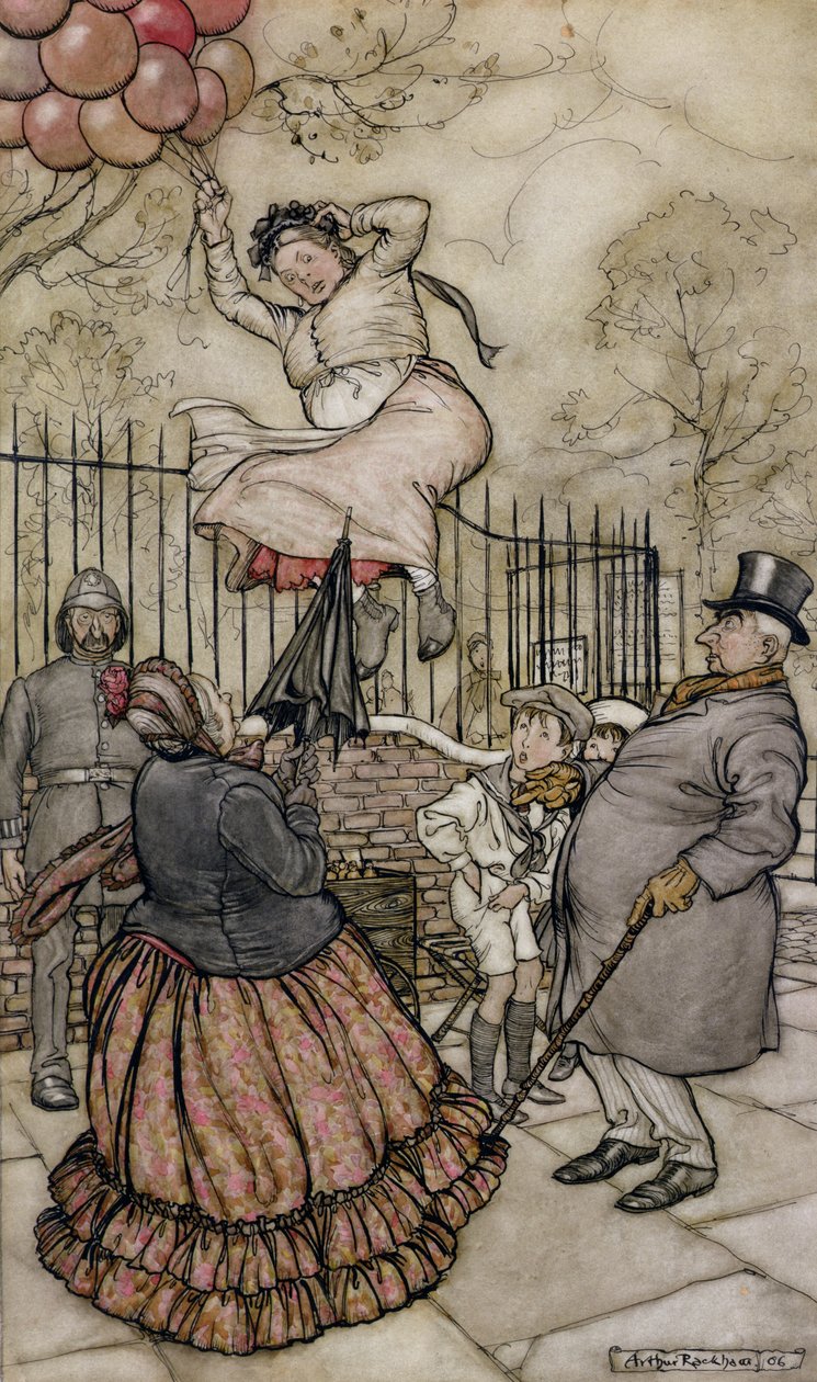 Ilmapallot, kuvitus Peter Panista Kensington Gardensissa, J.M Barrie, julkaistu 1906 (kynä ja muste ja wc paperilla) tekijältä Arthur Rackham
