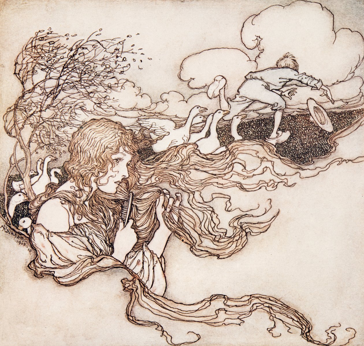 Puhalla, puhalla, pikku tuulenvire, ja Conradin hattu tarttuu . teoksesta Grimmin veljesten sadut, pub. 1909 tekijältä Arthur Rackham