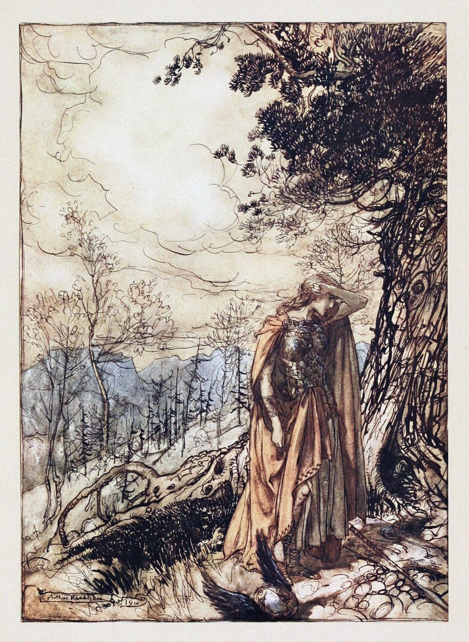 Brünnhilde. Kuvitus Richard Wagnerin teoksiin The Rhinegold ja The Valkyrie, 1910 tekijältä Arthur Rackham