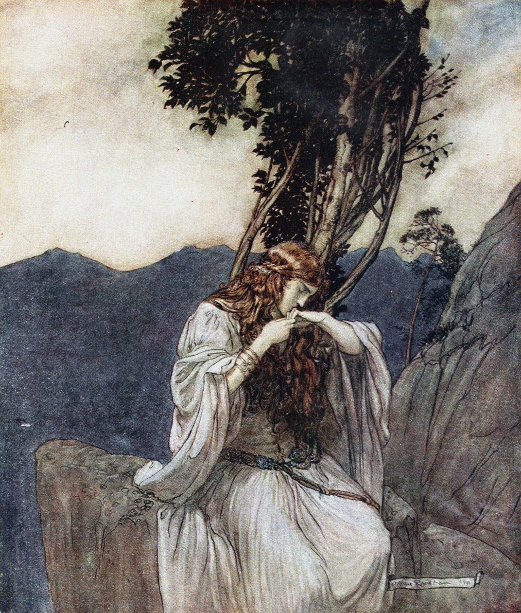 Brünnhilde suutelee sormusta, jonka Siegfried on jättänyt hänelle. Kuvitus Siegfriedille ja Twille tekijältä Arthur Rackham