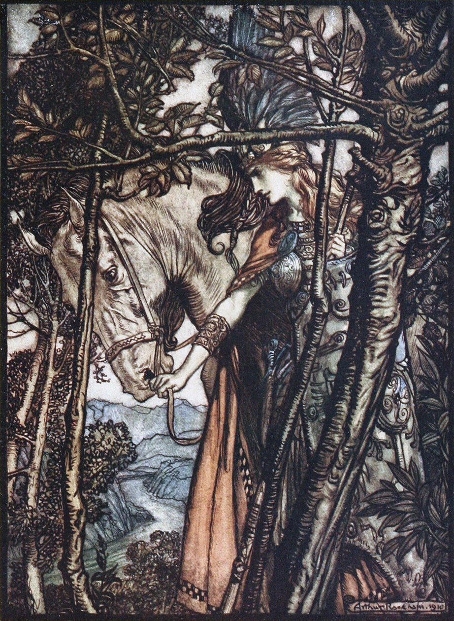 Brünnhilde ohjaa hevosta suitsista. Kuvitus Richan teoksiin The Rhinegold ja The Valkyrie tekijältä Arthur Rackham