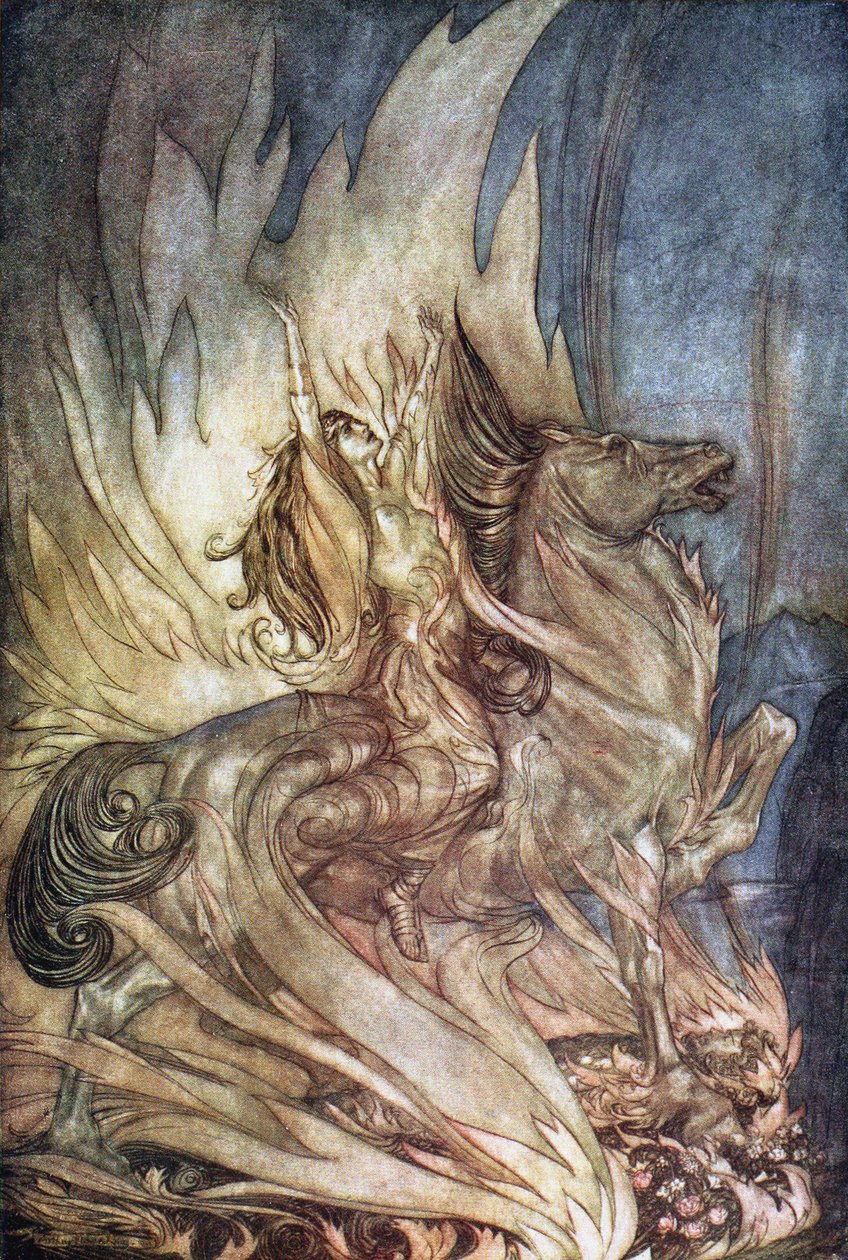 Brünnhilde Granella hyppää Siegfriedin hautaustornille. Kuvitus Siegfriedistä ja The Tw:stä tekijältä Arthur Rackham