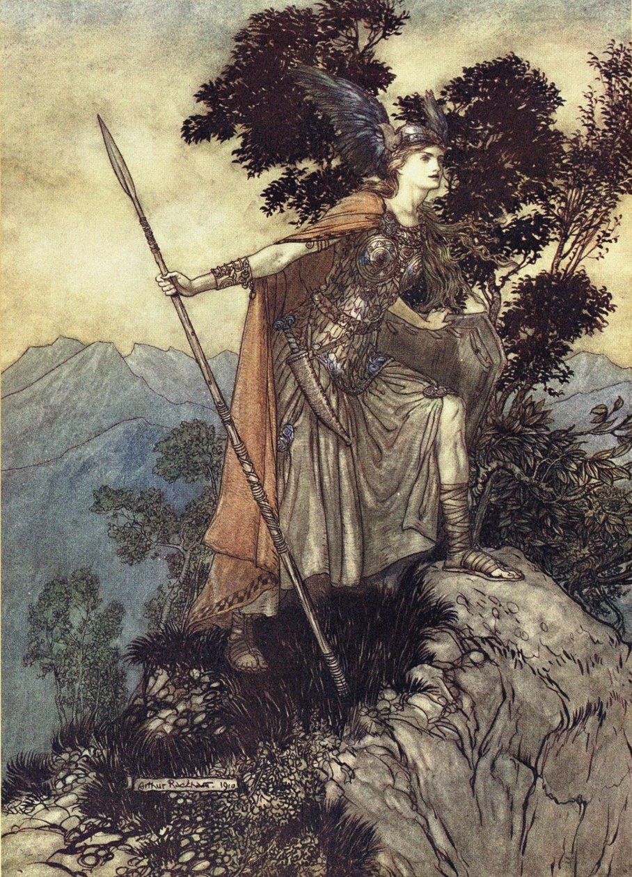 Brunhilde. Kuvitus Richard Wagnerin teoksiin The Rhinegold ja The Valkyrie, 1910 tekijältä Arthur Rackham
