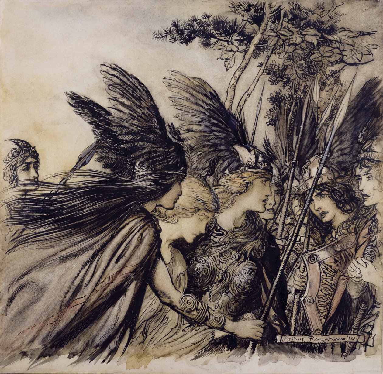 Brunnhilde rukoilee valkyyrioita, kuvitus teoksesta The Rhinegold and the Valkyrie, kirjoittanut Richard Wagner, painos julkaistu 1910 (kynä, muste ja wc paperilla) tekijältä Arthur Rackham