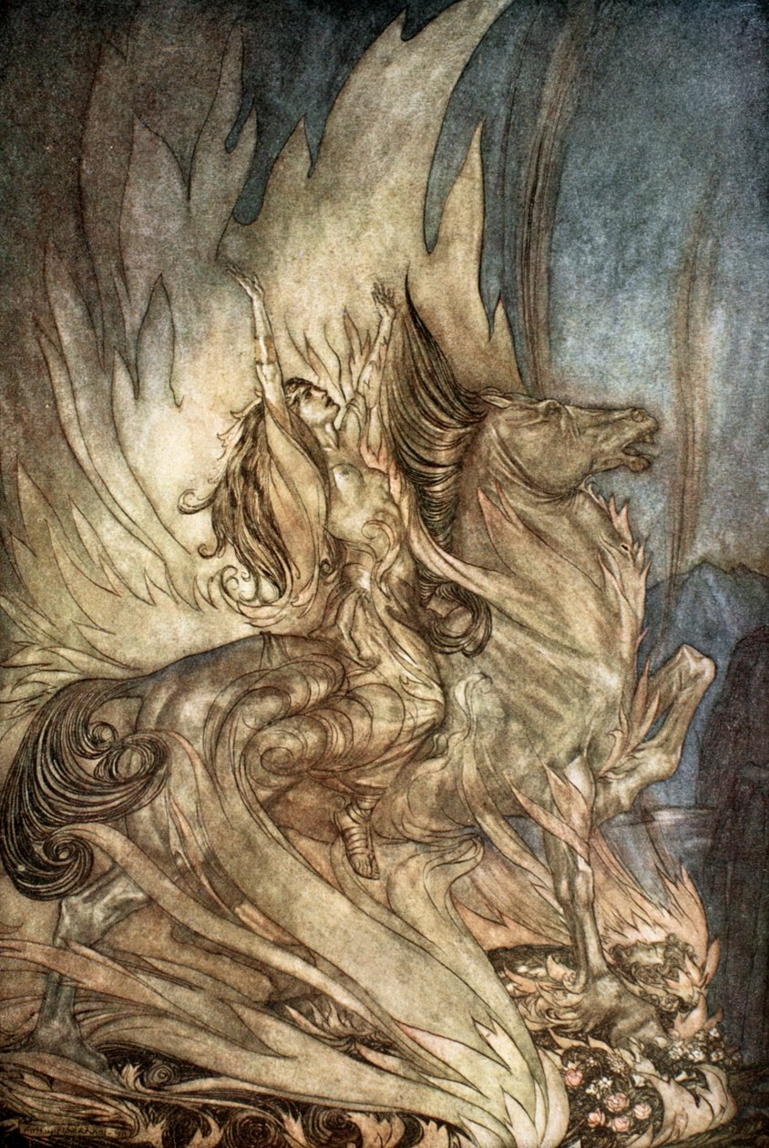 "Brunnhilde on Grane hyppää Siegfriedin hautajaisiin", 1924. tekijältä Arthur Rackham