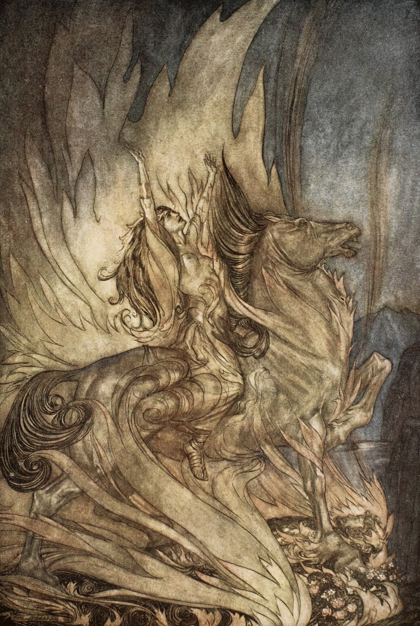 Brunnhilde on Grane hyppää Siegfriedin hautajaispyrstölle, kuva elokuvasta "Siegfried and the Twilight of the Gods" tekijältä Arthur Rackham
