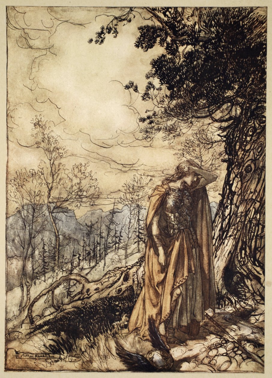 Brunnhilde seisoo pitkään hämmentyneenä ja huolestuneena, kuvitus teoksesta "Rhinegold and the Valkyrie" tekijältä Arthur Rackham