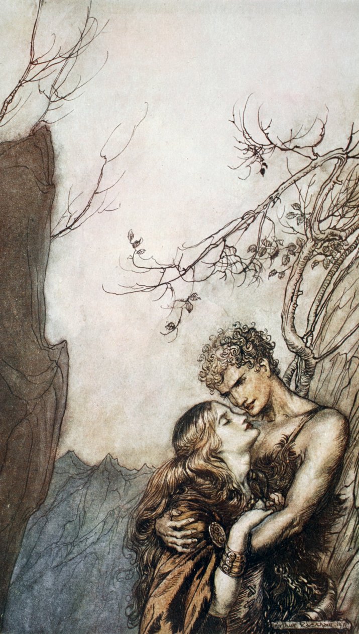 "Brunnhilde heittäytyy Siegfriedin syliin", 1924. tekijältä Arthur Rackham