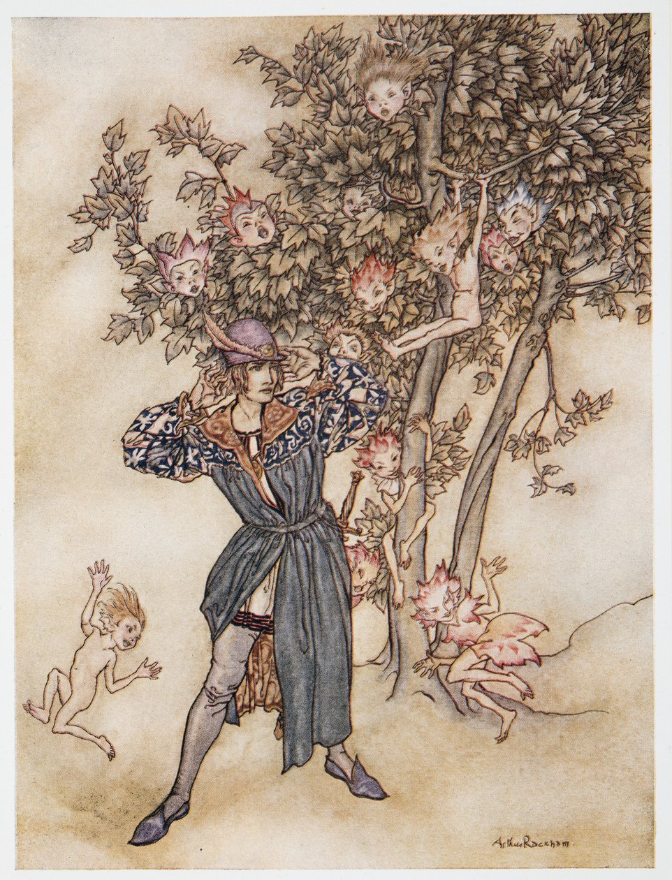 Burthen (hajallaan) Hark Hark!, kuvitus William Shakespearen Myrsky, pub. 1926 tekijältä Arthur Rackham
