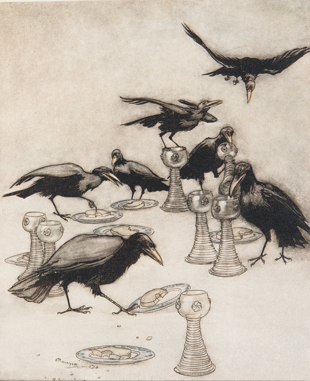 Mutta he sanoivat yksi toisensa jälkeen Halloa! Kuka on syönyt lautaseltani? Kuka on juonut kupistani?" Grimmin veljesten saduista, pub. 1909 tekijältä Arthur Rackham