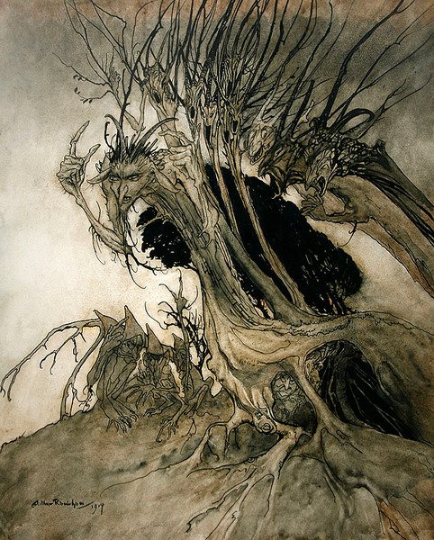 "Kutsuvat muodot ja kutsuvat varjot ovat hirveitä", Miltonin "Comus" tekijältä Arthur Rackham