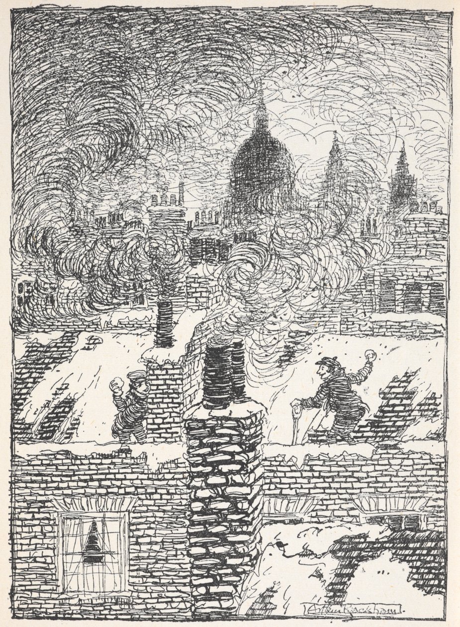 Lapset leikkivät katoilla lumessa yöllä, St. Paulin kupoli kaukana. tekijältä Arthur Rackham