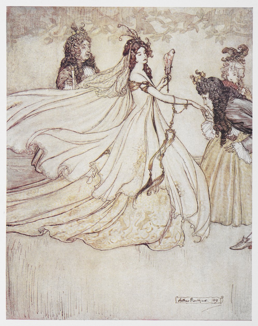 Tuhkimo (Aschenputtel) juhlamekossa. tekijältä Arthur Rackham
