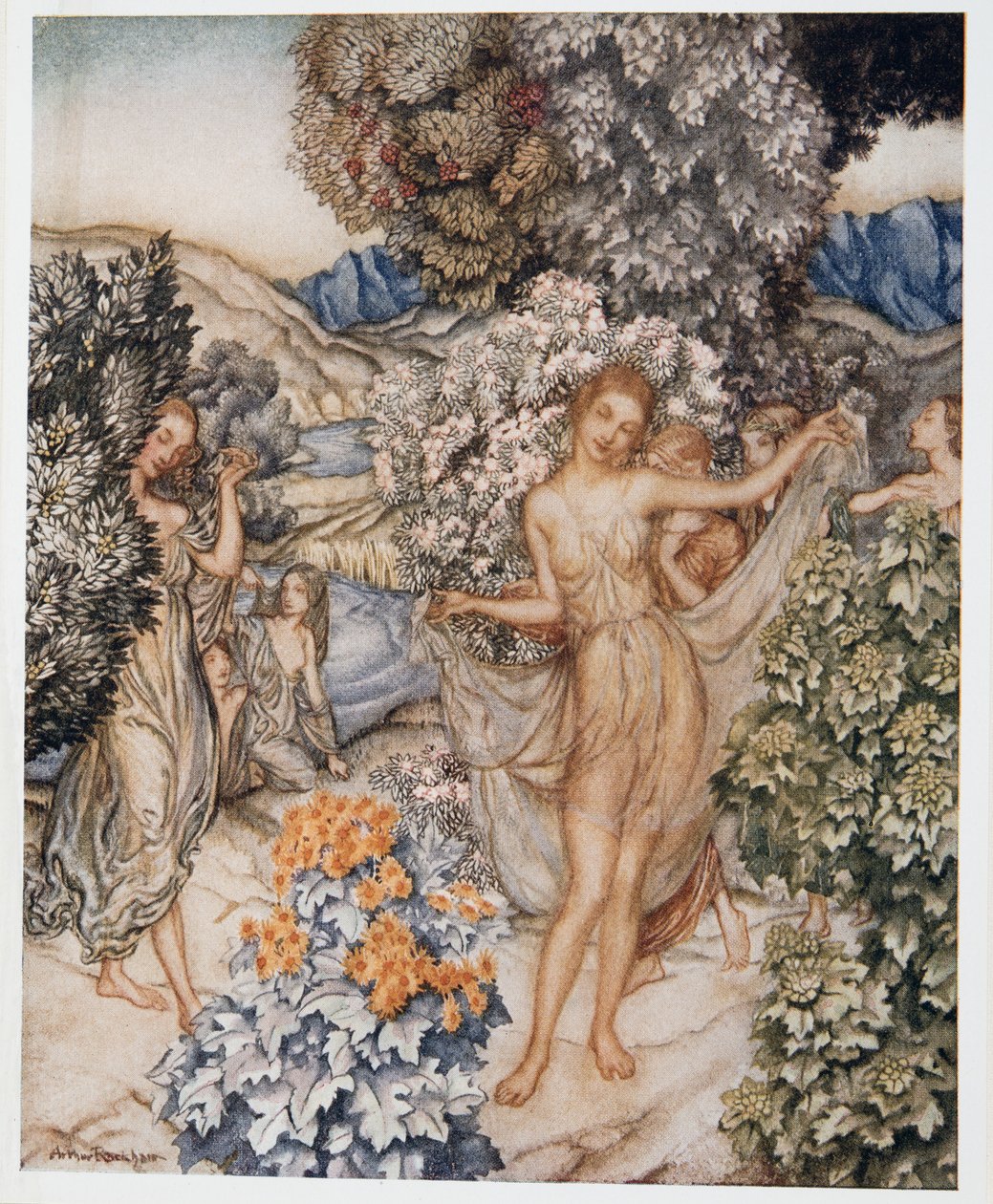 Tulkaa, lauhkeat nymfit, ja auttakaa juhlistamaan tosirakkauden sopimusta, kuvitus William Shakespearen Myrsky -teoksesta, pub. 1926 tekijältä Arthur Rackham