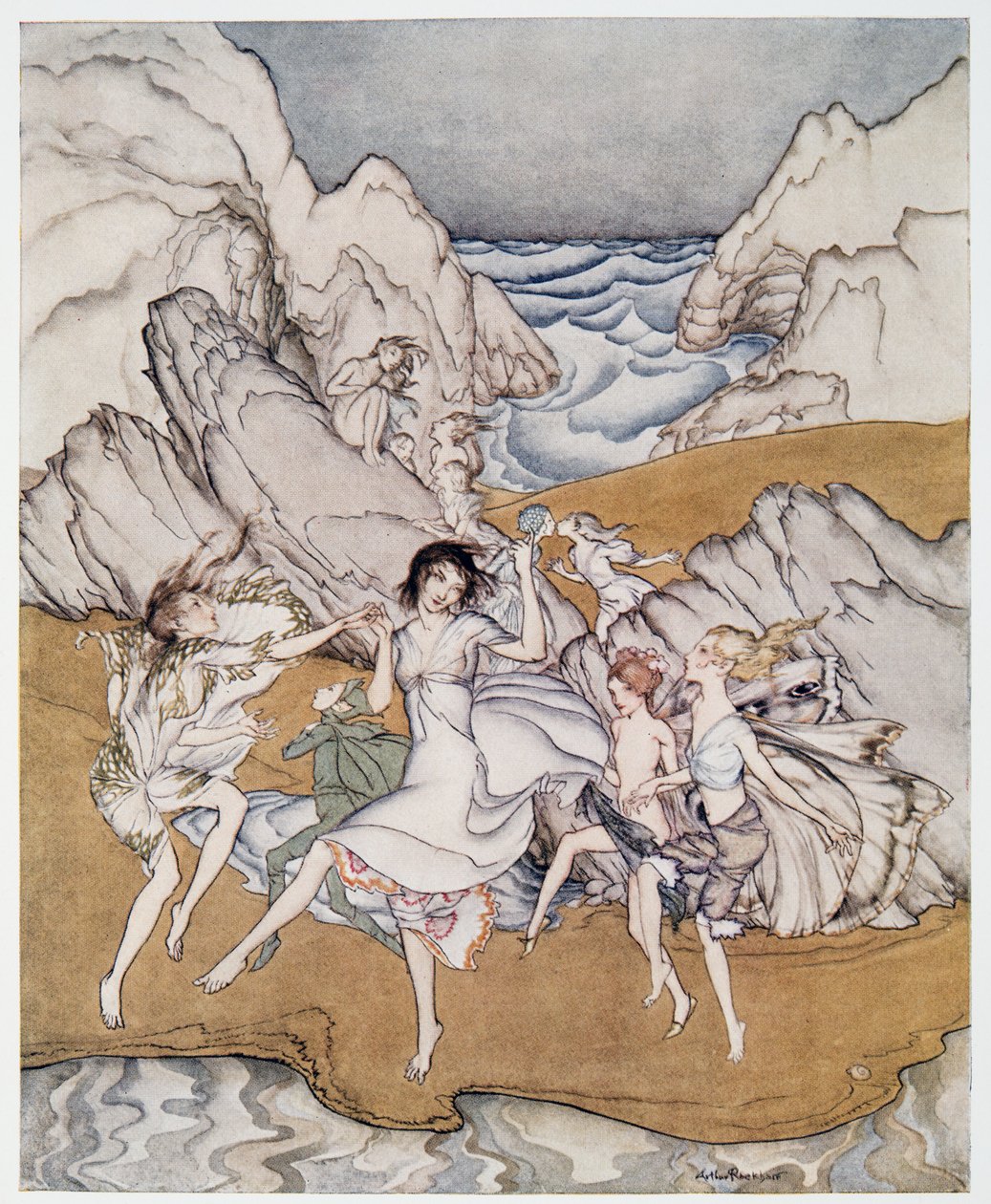 Tule näille keltaisille hiekoille kuvitus William Shakespearen Myrsky, pub. 1926 tekijältä Arthur Rackham