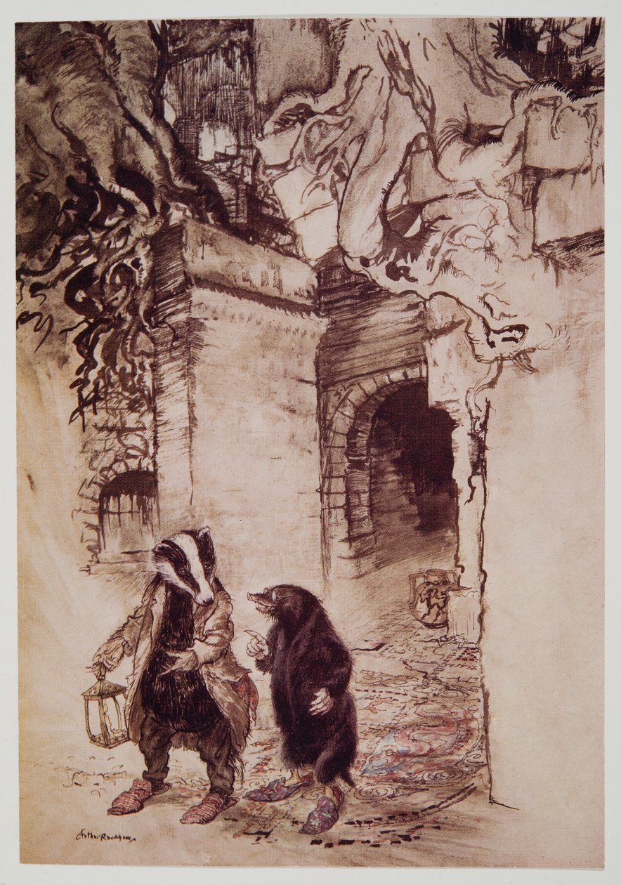 Ylittäessään käytävän he kulkivat alas yhtä tärkeimmistä tunneleista Kenneth Grahamen (1859 - 1932) pubista Wind in the Willowsista. 1940 tekijältä Arthur Rackham