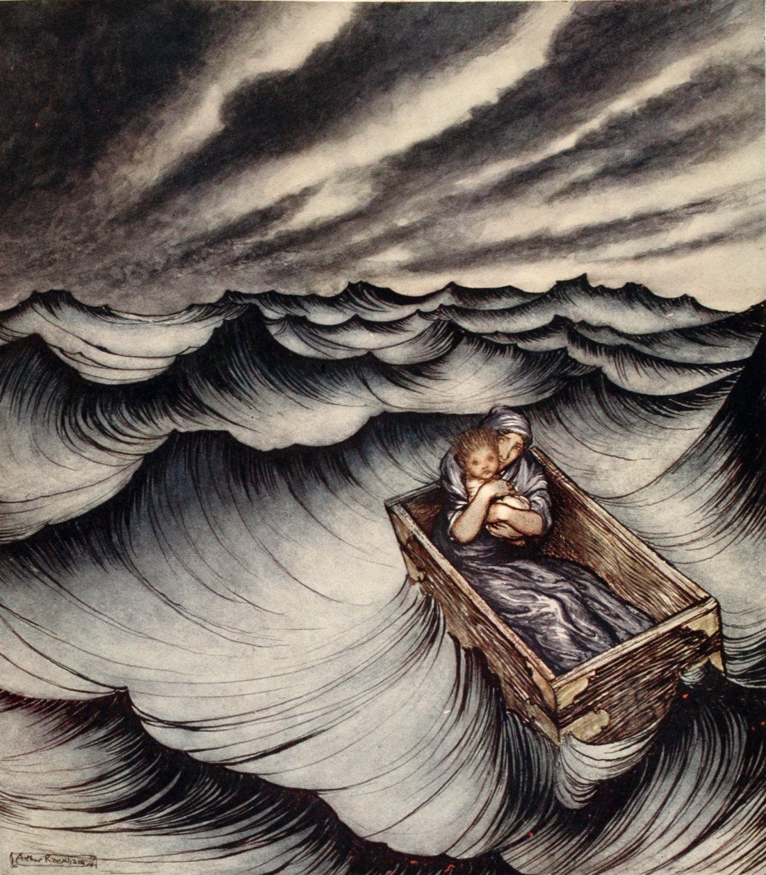 Danae taputti lastaan tiiviisti, kuvitus Nathaniel Hawthornen "Ihmekirjasta tytöille ja pojille" tekijältä Arthur Rackham