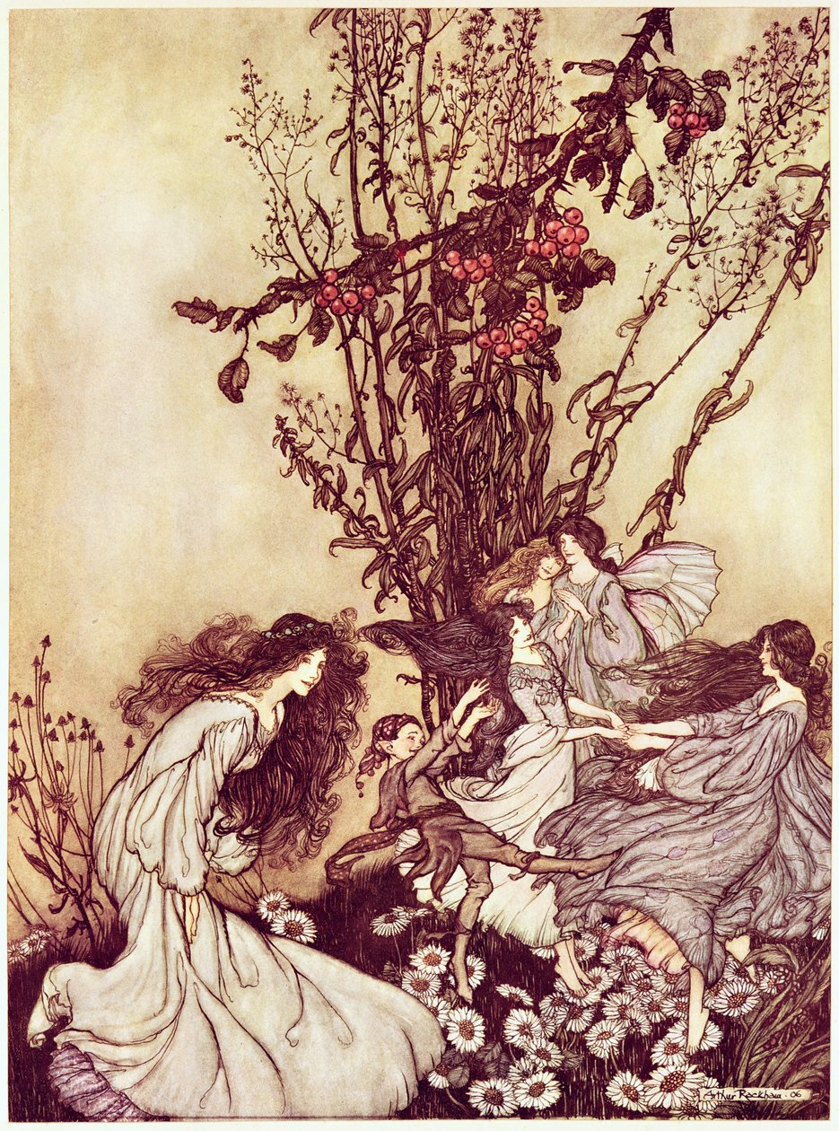 Tanssii keijujen kanssa J. M. Barrien elokuvasta "Peter Pan Kensington Gardensissa", 1906 34: Peter Pan Kensington Gardensissa, J. M. Barrie: Tanssii keijujen kanssa, 1906 tekijältä Arthur Rackham
