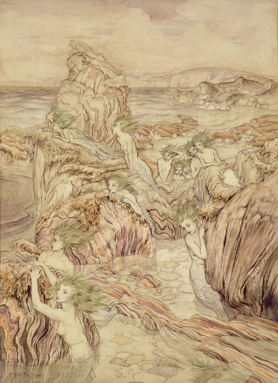 Meren tytär, kuvitus elokuvasta Kolme kultaista omenaa, kirjoittanut Nathaniel Hawthorne (kynä ja muste & wc paperilla) tekijältä Arthur Rackham