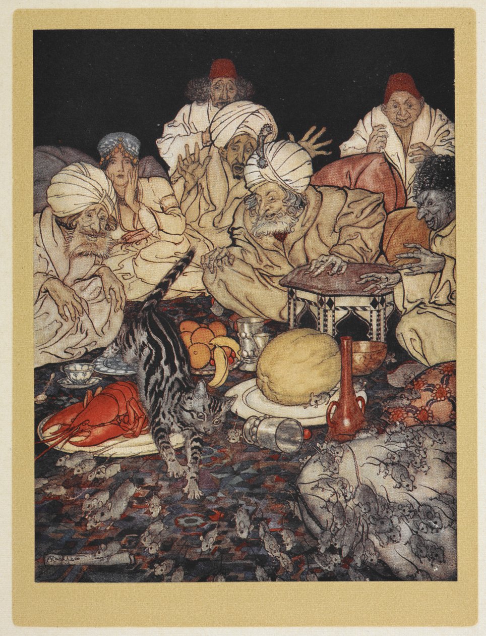 Dick Whittingtonin kissa ratsastaa maurien kuninkaan hiirillä. tekijältä Arthur Rackham