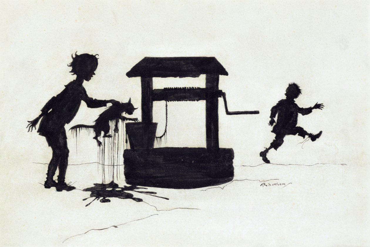 Ding Dong Bell, kuvitus teoksesta Mother Goose: The Old Nursery Rhymes, julkaistu 1913 (kynä ja muste) tekijältä Arthur Rackham