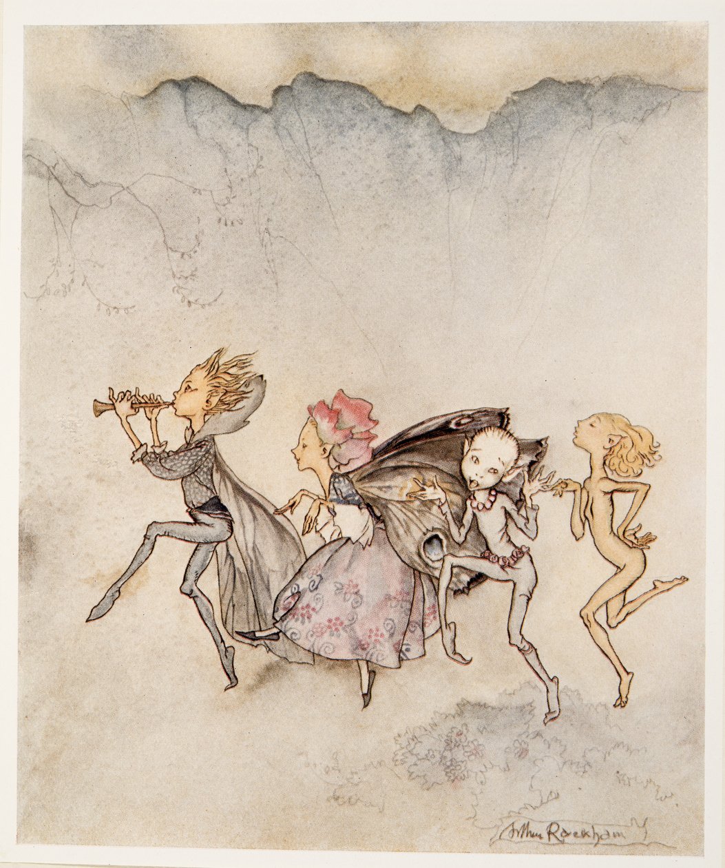 Jokainen, varpaaseensa kompastuva, tulee tänne moppi ja niittomatto, kuvitus William Shakespearen Myrsky, pub. 1926 tekijältä Arthur Rackham