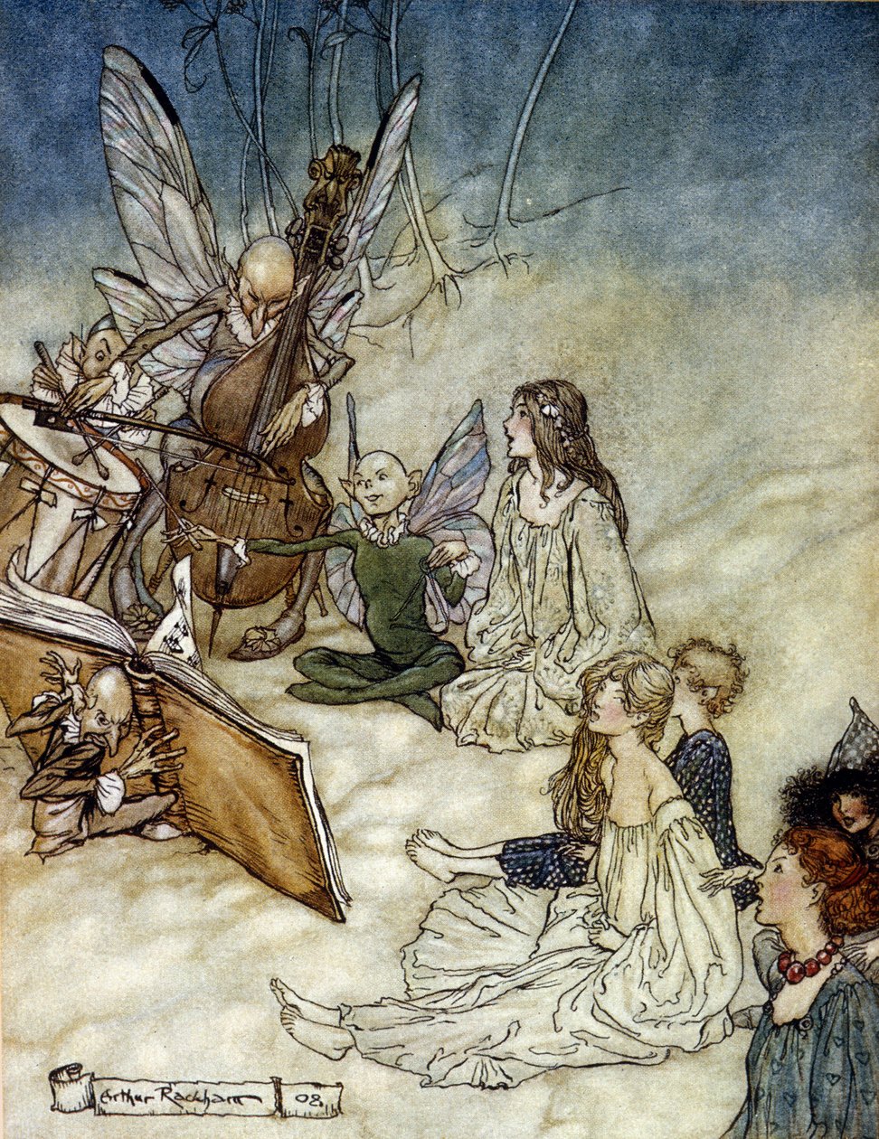 Elves Playing Music Illustration Arthur RACKHAM (1867-1939) William SHAKESPEAREn kesäyön unelmaan tekijältä Arthur Rackham