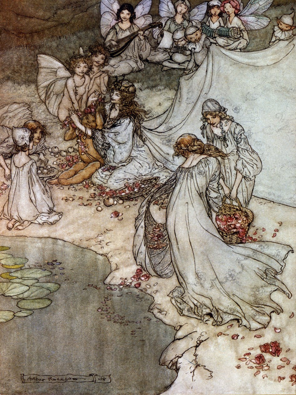 Tontut tekevät ruusukaulakoruja. Arthur RACKHAMin (1867-1939) kuvitus William SHAKESPEAREN kesäyön unelmaan tekijältä Arthur Rackham