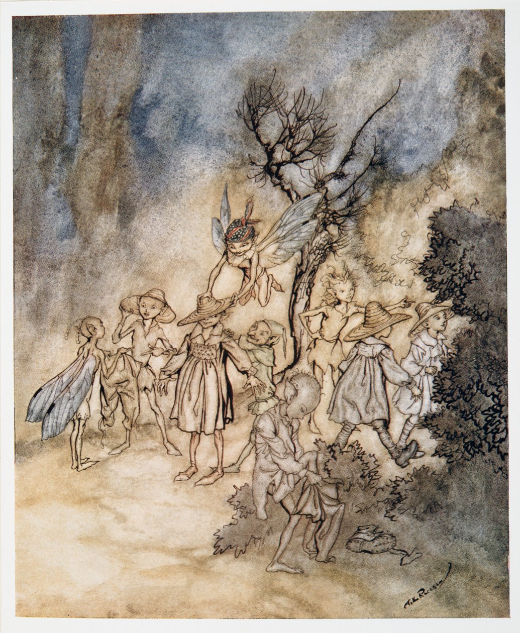 Sisään astuvat tietyt viikatemiehet, asianmukaisesti pukeutuneina, kuvitus William Shakespearesin Myrsky, pub. 1926 tekijältä Arthur Rackham