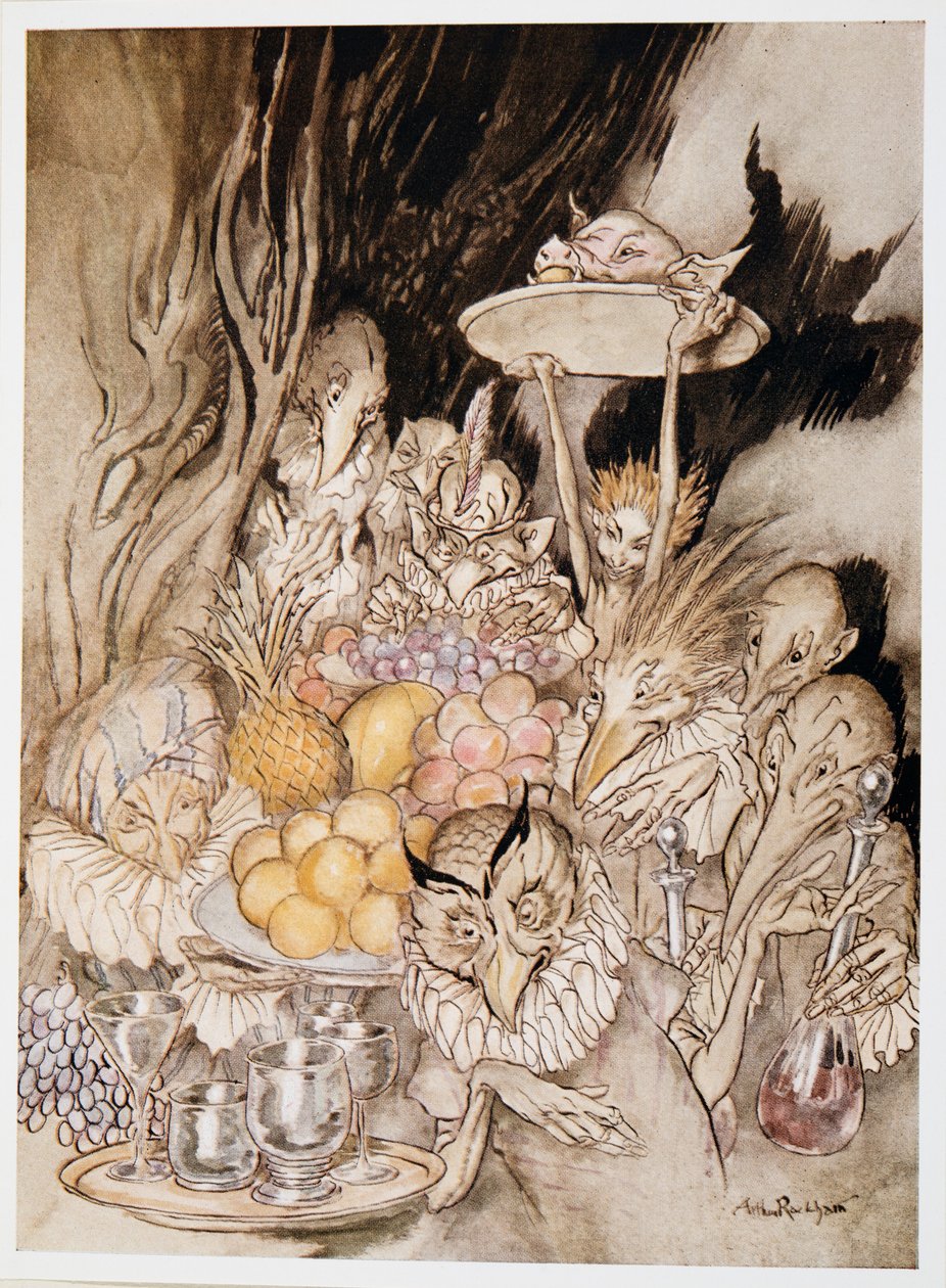 Sisään astuu useita outoja muotoja, jotka tuovat juhlaa ?.kutsuvat kuninkaan jne. syömään, kuvitus William Shakespearesin teoksesta Myrsky, pub. 1926 tekijältä Arthur Rackham