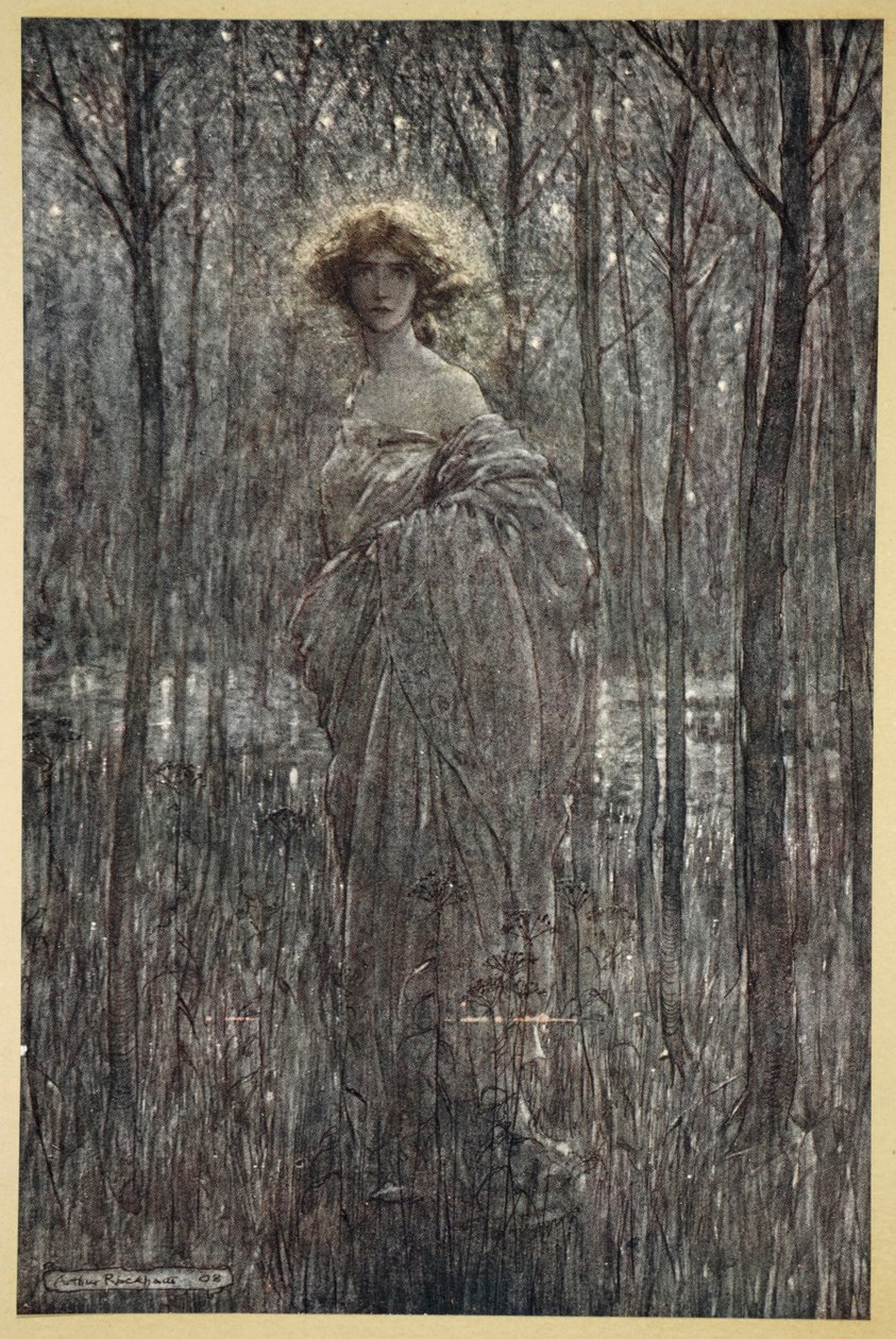 Rehellinen Helena, joka kiihottaa yötä enemmän kuin kaikki te tuliset oot ja valosilmät, kuvitus William Shakespearen "Kesäyön unelmasta", 1908 tekijältä Arthur Rackham