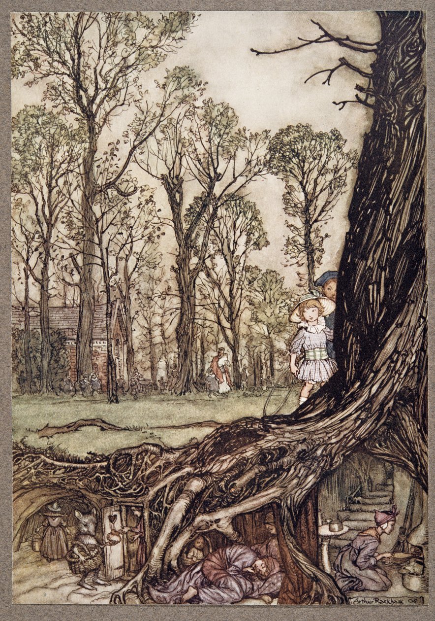 Keijut ovat kaikki enemmän tai vähemmän piilossa iltahämärään asti, J. M. Barrien (1860 - 1937), pubi, Kensington Gardensissa sijaitseva Peter Pan. 1906 tekijältä Arthur Rackham