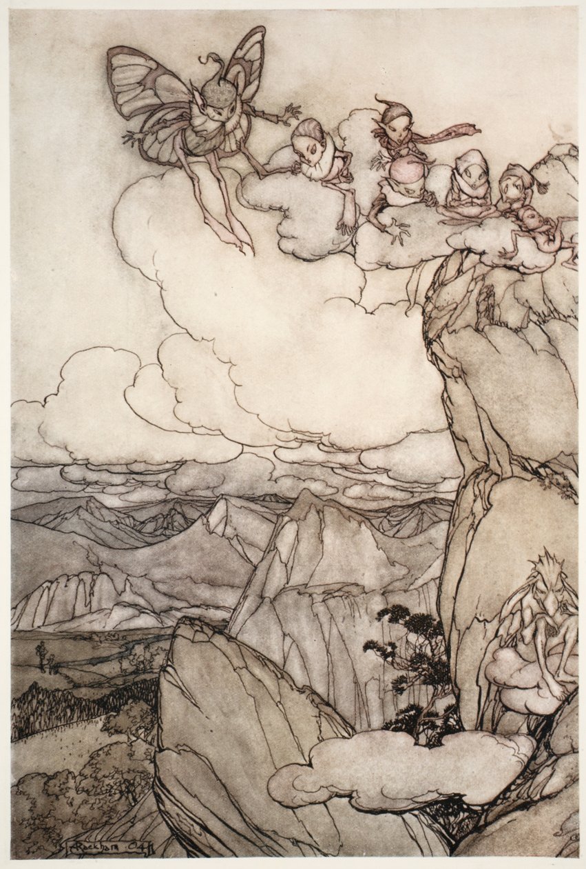 Keijut vuorilla, Washington Irvingin Rip Van Winkle, julkaisu. 1910 tekijältä Arthur Rackham