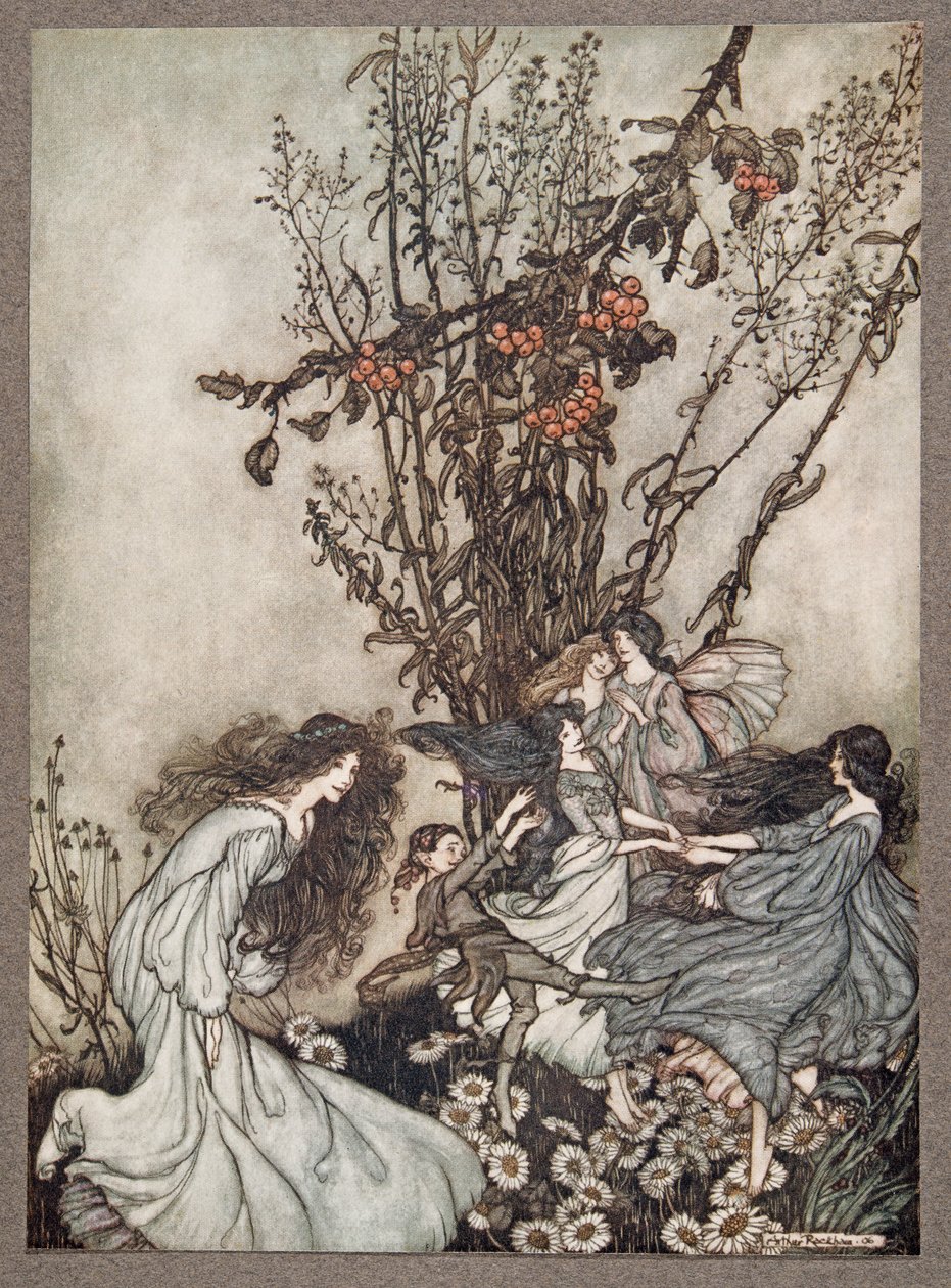 Keijut eivät koskaan sano: Tunnemme olomme onnellisiksi, he sanovat, että me tanssimme, Peter Pan Kensington Gardensissa, kirjoittanut J M Barrie (1860 - 1937), pubi. 1906 tekijältä Arthur Rackham