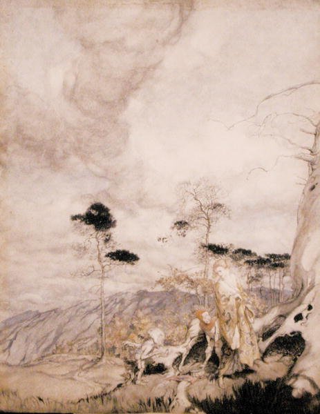 Fairy Egg Vendors (akvarelli kynällä ja musteella paperille) tekijältä Arthur Rackham