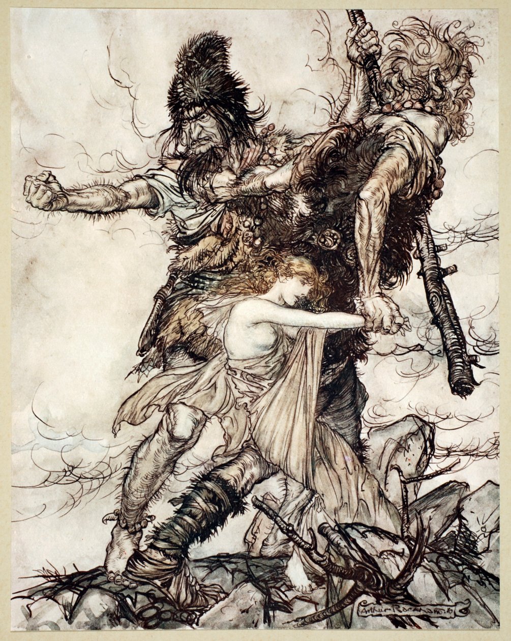 "Fasolt yhtäkkiä vangitsee Freian ja vetää hänet syrjään Fafnerin kanssa", 1910. tekijältä Arthur Rackham