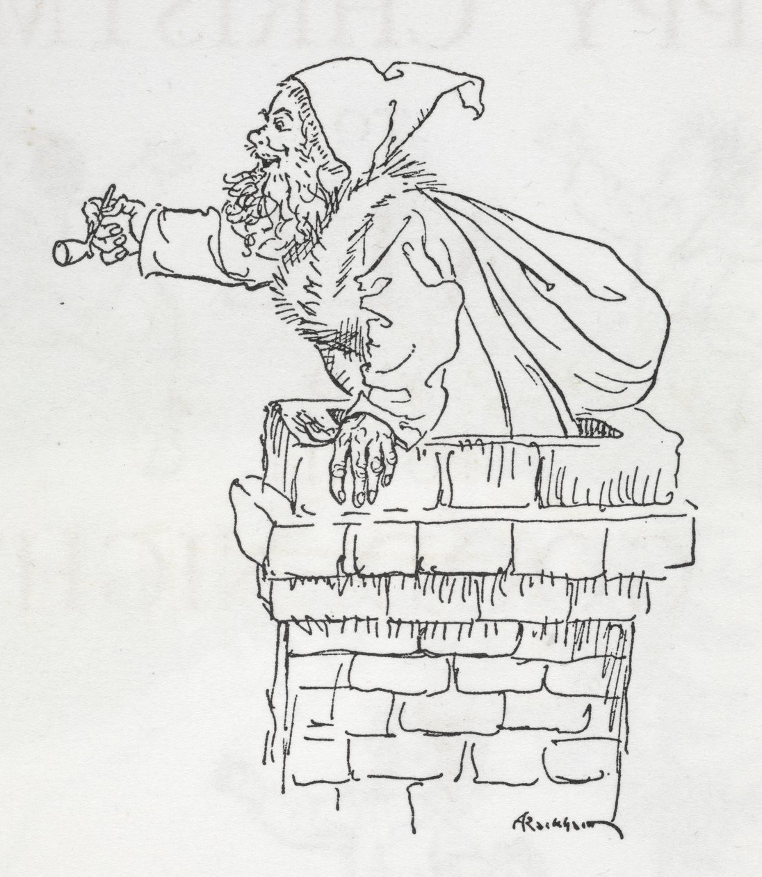 Joulupukki kiipeämässä savupiippua alas tekijältä Arthur Rackham