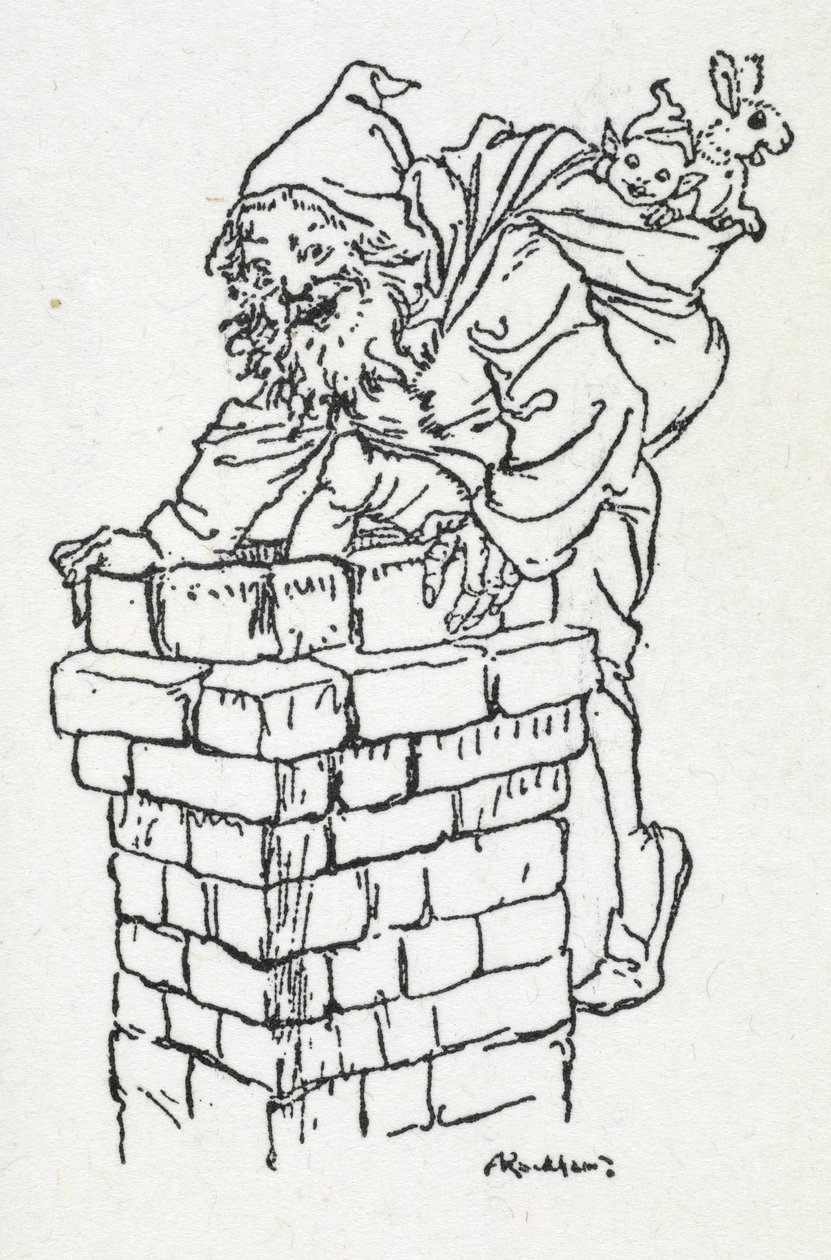 Joulupukki kiipeilemässä savupiipusta alas lahjasäkin kanssa tekijältä Arthur Rackham