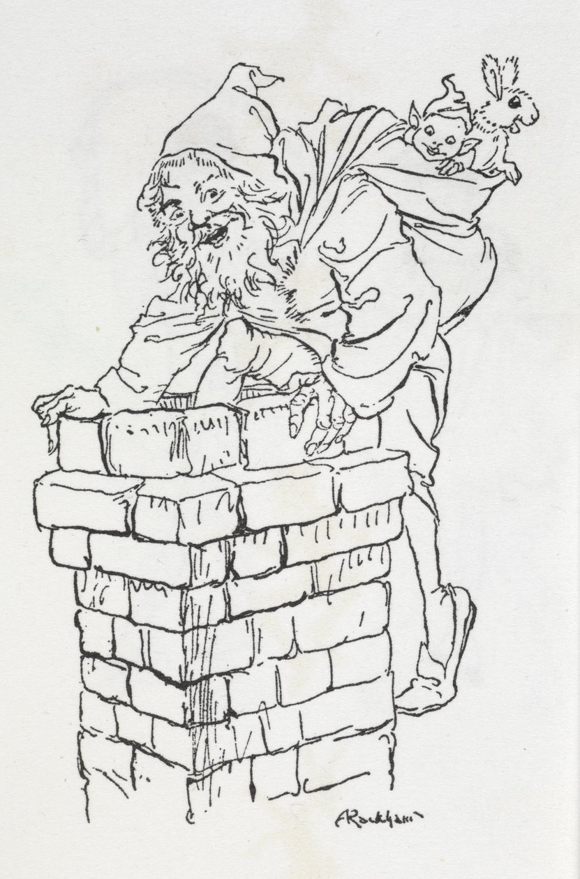 Joulupukki kiipeämässä savupiippuun lahjojen kanssa tekijältä Arthur Rackham