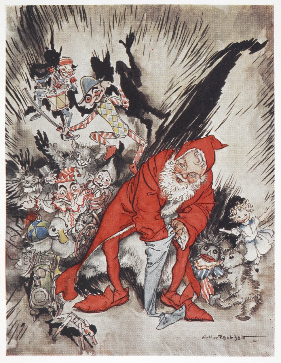 Joulupukki lahjojen ympäröimänä tekijältä Arthur Rackham