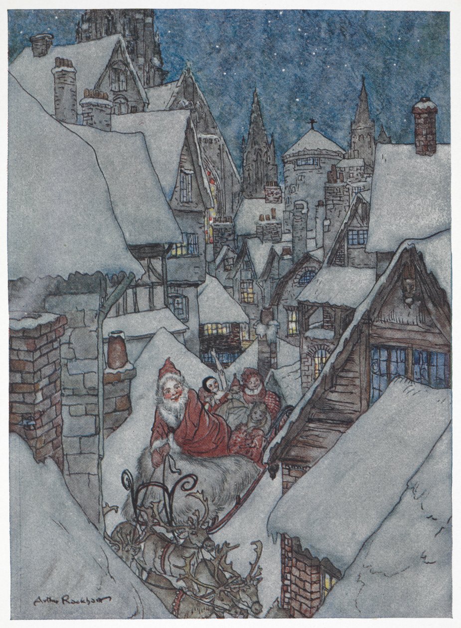 Joulupukki matkustaa lumisilla kaduilla rekillään tekijältä Arthur Rackham