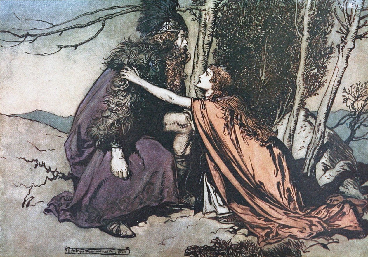 Isä! Isä! Kerro minulle, mikä sinua vaivaa. Kuvitus Richardin teoksiin The Rhinegold ja The Valkyrie tekijältä Arthur Rackham