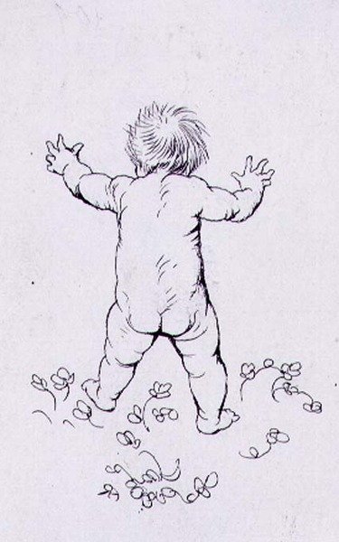 First Footsteps, kuvitus Algernon Charles Swinburnen (1837-1909) pubista "The Springtide of Life, Poems of Childhood". 1918 (kynä ja muste) tekijältä Arthur Rackham