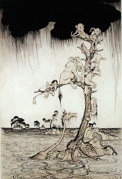 Tulva (kynä, muste ja akvarelli paperille) tekijältä Arthur Rackham