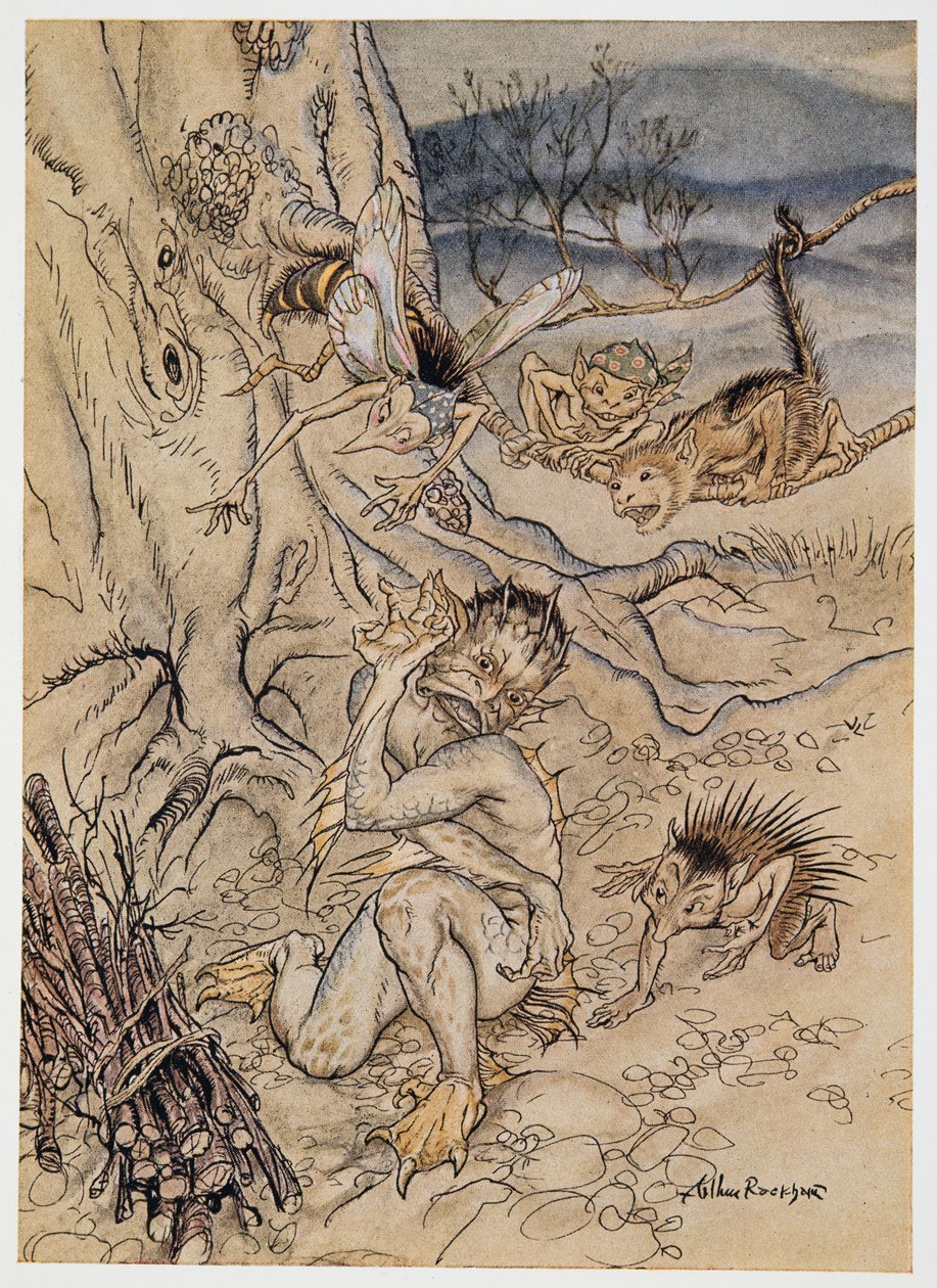 Jokaisen pikkujutun vuoksi he ovat asettaneet minut, kuvitus William Shakespearesin Myrsky -teoksesta, pub. 1926 tekijältä Arthur Rackham
