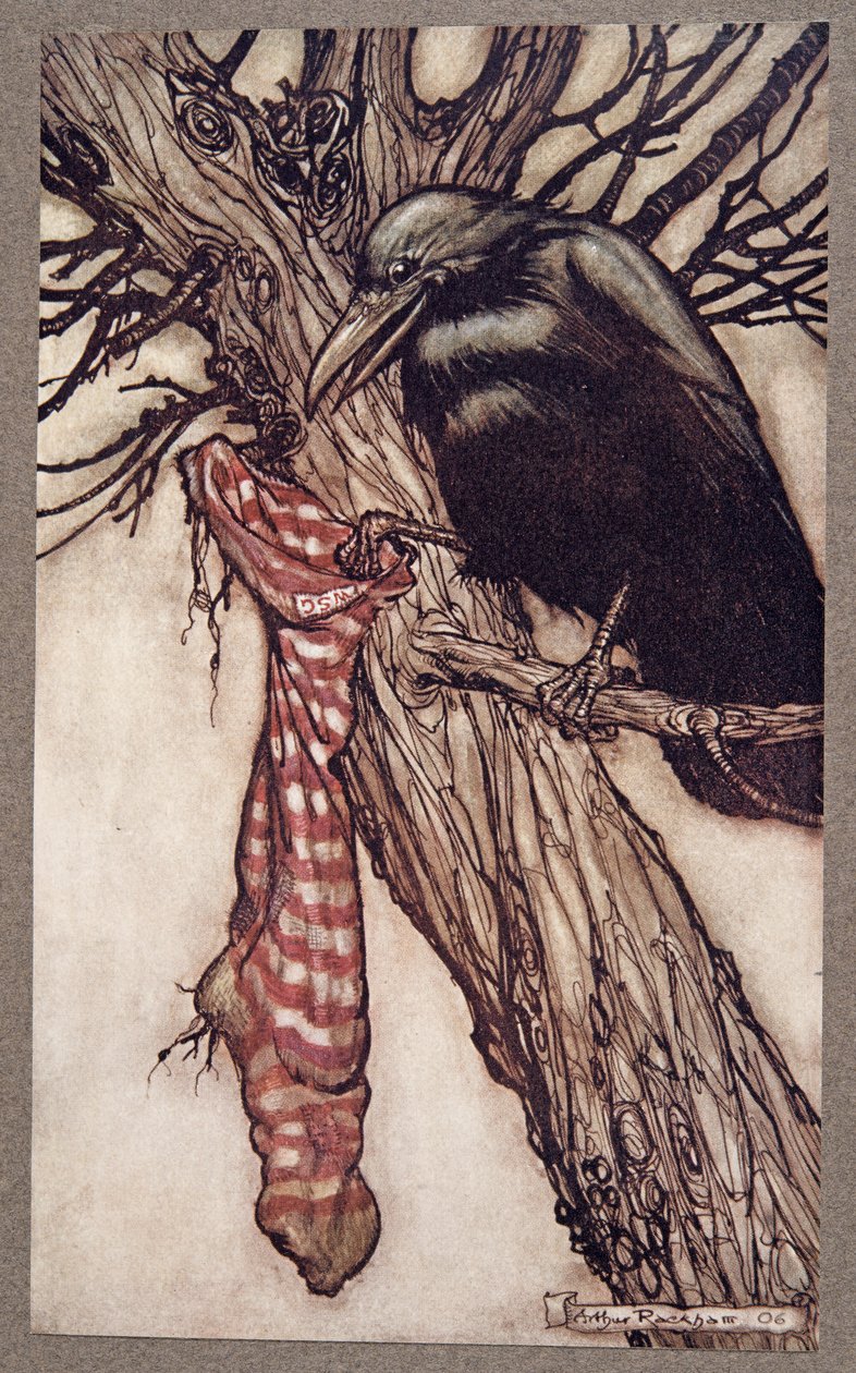 Vuosien ajan hän oli hiljaa täyttänyt sukkiaan Peter Panista Kensington Gardensissa, kirjoittanut J M Barrie (1860 - 1937), pubi. 1906 tekijältä Arthur Rackham